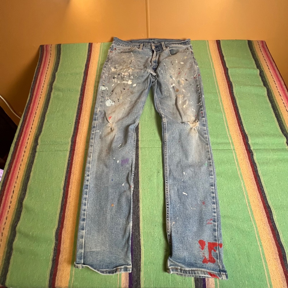 Levis 511 Slim Jeans Mens 34x32 Blue Paint Splatter Distressed Thrashed Workwear